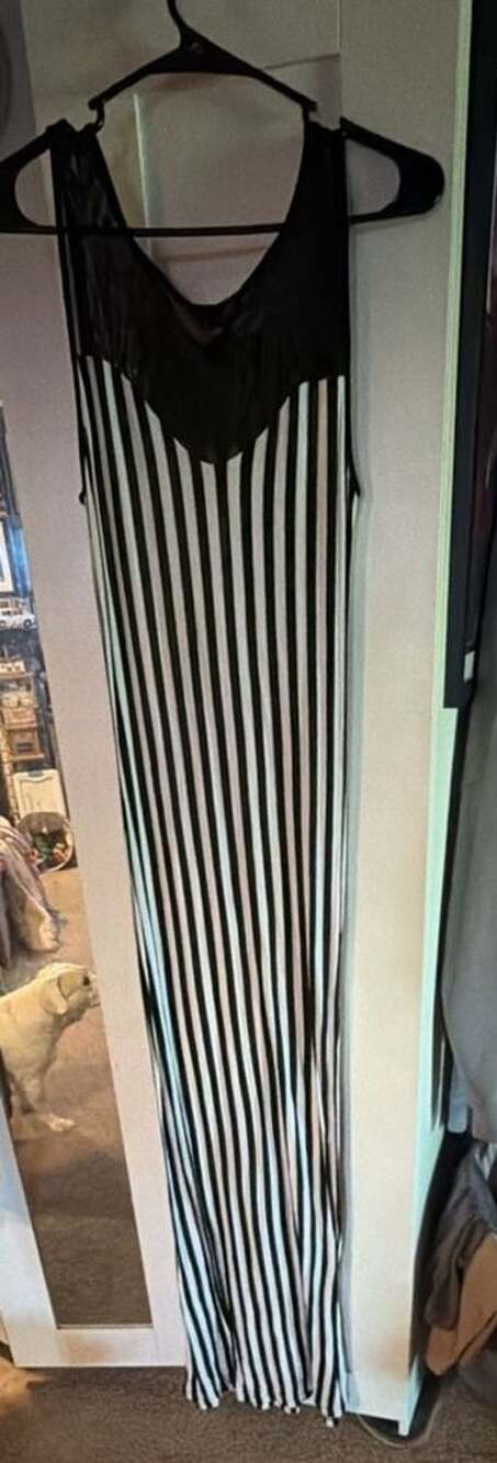 Love Culture Black and White Striped Sleeveless Maxi Dress with Mesh Top Panel